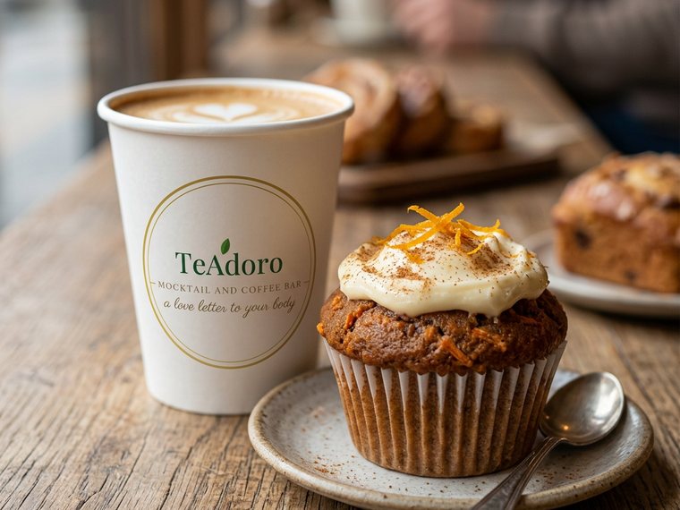 Muffin of the day beside a TeAdoro coffee cup on a wooden table